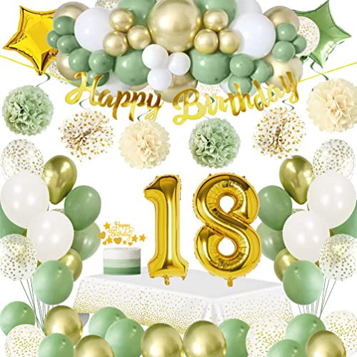 18 Geburtstag Deko Mädchen,18 Geburtstagsdeko Mädchen Junge, Deko 18. Geburtstag mit Avocado Grüne Gold Luftballons, Happy Birthday Banner,Tischdecken,Pompoms für Mann Frauen 18. Geburtstag Deko