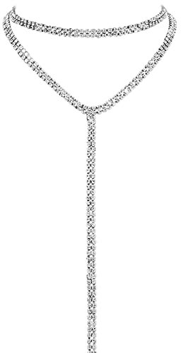 JewelryWe Schmuck Damen Choker Halskette Geschichtete Halsband Multi Reihen Strass Mehrschichtige Lange Choker Kette mit Anhänger für Frauen Mädchen Silber
