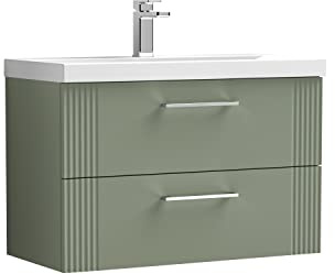 nuie DPF895A Deco Modern Bathroom Wall Hung 2 Drawer Part Fluted Vanity Basin Unit with Mid-Edge Ceramic Basin, 800mm, Satin Green