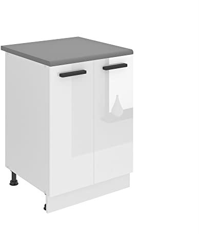 Belini Unterschrank Küche, Küchenunterschrank 60 cm Breite. SD2 Küchenunterschrank mit Arbeitsplatte. Küchenschrank mit 2 Türen, Weiß Hochglanz