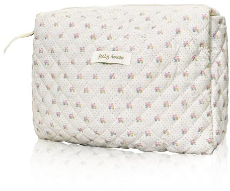 Makeup Tasche Gesteppte Kosmetiktasche aus Baumwolle mit großem Fassungsvermögen, Groß Gesteppte Make-up-Tasche, Kulturbeutel Damen mit Blumenmuster Beige