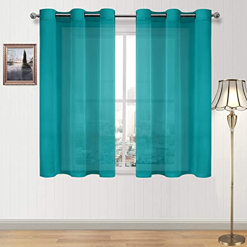 DWCN Halbtransparente Vorhänge mit Ösen für Schlafzimmer und Wohnzimmer, Kunstleinenoptik, Voile, transparent, einfarbig, 2 Paneele, 117,8 x 137,2 cm lang, Türkis