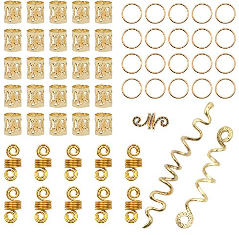 VEGCOO 58 Pièces Perles de Cheveux Vikings Spiral, Spirale Tressé Cheveux Dreadlocks en Métal Accessoires, L'or Bijoux Cheveux Tressé Accessoires Cheveux pour Hommes/Femmes (Or)
