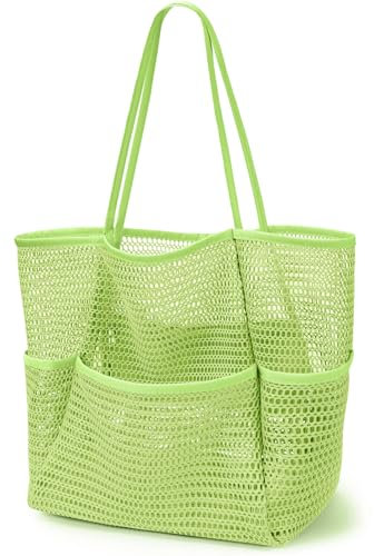 KPX Netz-Strandtasche mit Mini-Tasche, Strandtasche für Damen, groß, faltbar, Netz-Schwimmtasche, sanddicht, wasserdicht, Grün , Large