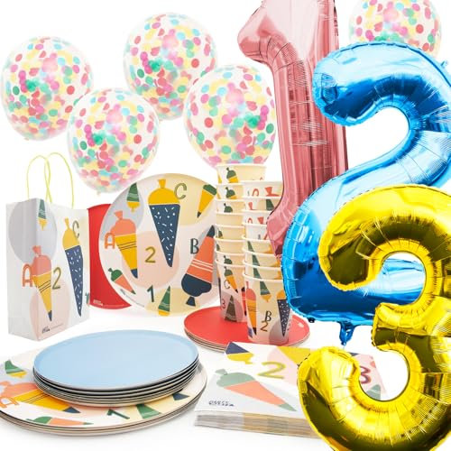PARTY PARTY 88 Teile Einschulung Deko Set GESCHIRR + GESCHENKTÜTEN + BALLONS Schulanfang 16 Gäste (Becher, Teller, Servietten, Schultüten, Luftballons) Zuckertüte, ABC Schulkind Jungen Mädchen