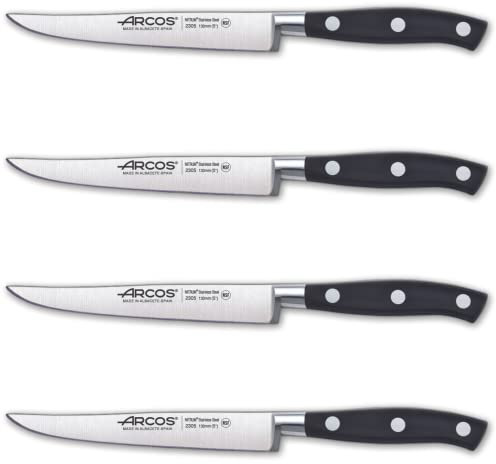 Arcos Serie Riviera - Juego 4 Cuchillos Chuleteros - Hoja de Acero Inoxidable Forjado NITRUM 130 mm - Mango de Polyoxymethylene (POM) Color Negro