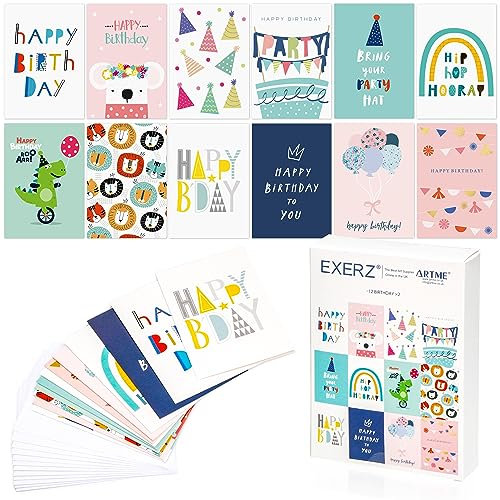 EXERZ 24 verschiedene Grußkarten im Multipack zum Geburtstag – 12 Designs x2 Alles Gute zum Geburtstagskarten. Geeignet für Kinder und Erwachsene, Jungen und Mädchen.