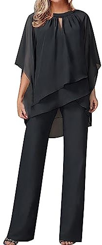 Sawmew Damen Tüll Abendanzug Sets Zweiteiler Chiffon Shirt und Hohe Taille Hosenanzug Elegant Vintage 2-Teiliges Set Outfit Cocktail Party Festlich Hosenanzug (Color : Black B, Size : XXL)