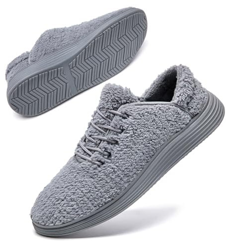 Tvtaop Winter Shoes for Men Trainers Jogging Walking Fluffy Plush Shoes Lightweight Casual Comfortable Warm Mens Slippers Light Grey 8 UK