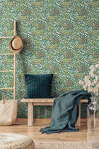 Vliestapete Wildblumen Blätter Gemalt Floral Petrol Grün Gelb A64103