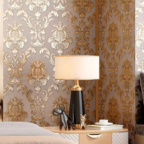 BaierSai 10x0.53m Luxury Gold Damask Embossed Waterproof PVC Wallpaper Roll for Bedroom Livingroom 1.73' W x 32.8' L=5.3㎡ (57sq.ft)