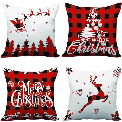 AMLOOPH Christmas Cushion Covers Set Of 4 45x45cm for Christmas Decorations | Red Black Strip Tartan Sofa Xmas Cushion Covers 18x18inch Soft Plush Christmas Throw Pillow Covers Cases For Xmas Decorations