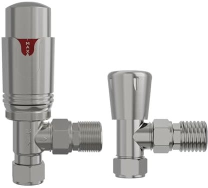 NRG Satin Nickel Angled Thermostatic Valve Bathroom Towel Rail Radiator Valves TRV 15mm Central Heating Taps with Free Lockshield Valve