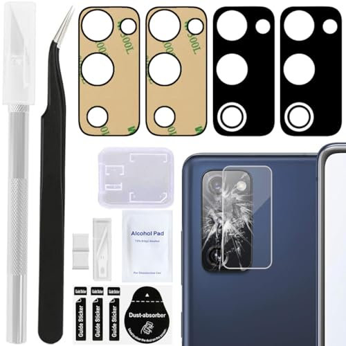 ZHUROUPU 2 Pack Back Rear Camera Glass Lens Replacement Compatible with for Samsung for Galaxy S20 FE, Adhesive & Tweezer & Professional Repair Kit (Black)