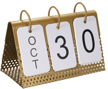 PATIKIL Vintage Holz Perpetual Kalender Flip Kalender Monat Datum Golden | Anzeige, Für Schreibtisch Büro, Home Dekoration, Stil 1