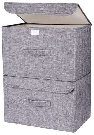 Homsorout Foldable Storage Box with Lid, Pack of 2, Wardrobe Organiser Boxes with Handle Large Linen Closet Organizer and Storage Bins for Shelves, Cupboard, Clothes, Toys, Grey