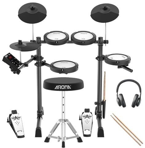 AROMA TDX-18 Electronic Drum Set with 4 Quiet Mesh Drum Pads, 2 Switch Pedal, Portable and Solid Drum Set with, Bluetooth, Drum Throne, Headphones and Sticks