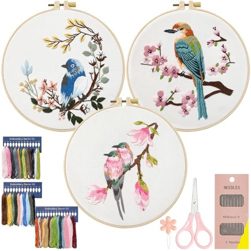 Dremisland 3 Sets Stickset für Anfänger Kolibri Blume Pflanzen Stickerei Set Erwachsene Kreuzstich Set mit Vogel Embroidery Starter Kits mit Stickrahmen Werkzeuge Video Anleitung DIY Stickset Handwerk
