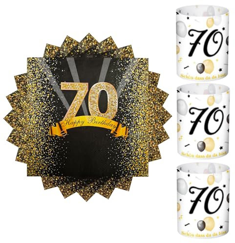 32 Stück Servietten und 8 Stück Windlicht Tischdeko 70. Geburtstag - Schön Dass Du Da Bist - Deko für Frau Mann - Happy Birthday Windlichter Servietten