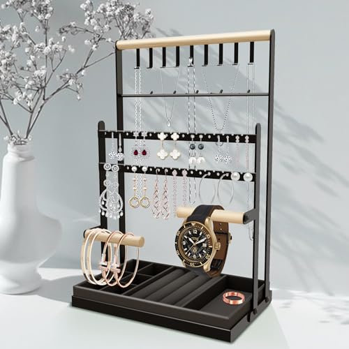 Présentoir à bijoux porte-chaîne, Support à Bijoux, Plateau en Velours, Arbre à bijoux, Porte Bijoux Femme, porte collier,Rangement Bijoux pour Chaînes Boucles d'Oreilles Bagues Bracelets Montres,Noir