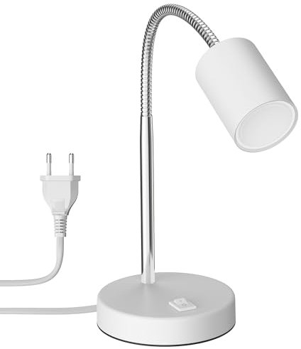 ledscom.de Tischleuchte WAIKA mit Schwanenhals und Schalter weiß matt, inkl. GU10 LED Lampe (warmweiß, 0,5W, 49lm)