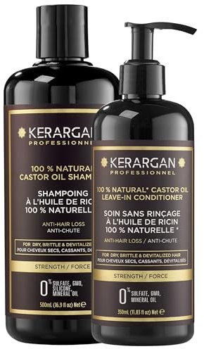 Kerargan - Duo Anti-Haarausfall Shampoo und Leave-In Pflege mit Rizinusöl für trockenes und lebloses Haar - Stärkt und fördert das Wachstum - Ohne Sulfate, Parabene und Silikone - 500ml + 350ml