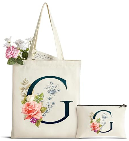 Personalisiert Initialen Tragetasche Canvas mit Innentasche, Kosmetiktasche mit Reißver, Baumwolltasche, Einkaufsbeutel Tote Bag, Geburtstag Weihnachten Geschenk für Frau Freundin Mama Brautjungfer G