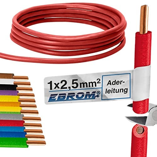 EBROM - 5 Meter Aderleitung eindrähtig - Einzelader - Verdrahtungsleitung starr - PVC Leitung - H07V-U 2,5mm2 | 2,5 mm² | 2,5 mm2 - Farbe: rot - Vollkupfer 99,9% OFC Kupfer - Länge: 5 Meter