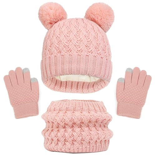 WANYI Mütze Schal Set Mädchen, Wintermütze Kinder Beanie Mütze Schal Handschuhe Set Mützen Jungen Warme Bommelmütze Strickmütze mit Weichem Innenfutter für Kinder 1-6 Jahre (B,Hellrosa)