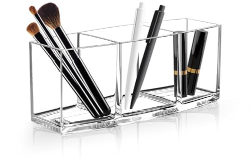 CRITIVE-S Acrylic Clear Pen Holder, Pencil Pot Makeup Brush Holder 3 Compartments, Pen Pots for Desk Accessories, Makeup Skincare Organiser Stationery Storage Organiser for Office School Home