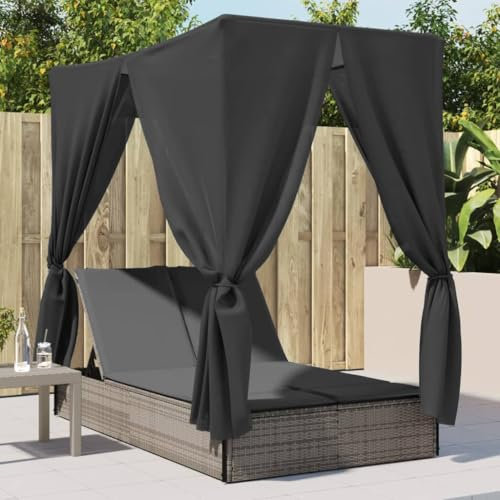 ShGaxin Chaise longue double avec toit et rideaux en rotin synthétique gris, chaises longues de jardin extérieur, chaise longue piscine, Sun Lounger, chaises longues de jardin, chaise longue de plage