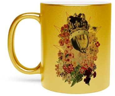 Goldfarbene Keramiktasse aus Chrom – Queen Elizabeth Biene Collage Kunst Surrealismus Blumen – 325 ml