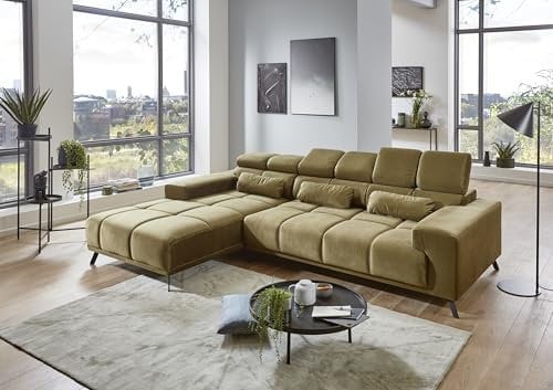 möbelando Wohnlandschaft >Starlett< in olivgrün, Ottomane Links, 3X manuelle Kopfteilverstellung, Metallfüße schwarz, Nosagunterfederung, Bonellfederkern, inkl. 3 Zierkissen, 285x79-99x201 cm (BxHxT)
