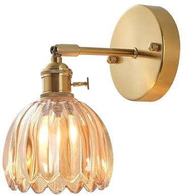Hnexsei Vintage Wandleuchte mit Goldfinish, verstellbarem Arm und geriffeltem Glasschirm – Wandlampe für Schlafzimmer, Wohnzimmer und Flur – Elegante Wandbeleuchtung (Bernstein)