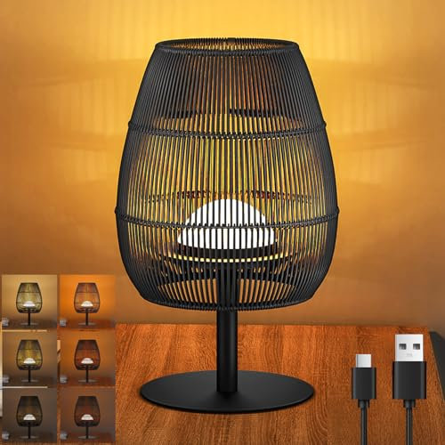 MALUX Dimmbare Tischleuchte Akku LED, Rattan aus Bambus und Holz, LED Tischlampe mit Ladefunktion USB, Tischlampe Kabellos Akku Aufladbar für Schlafzimmer,Gästezimmer oder Büro [Energieklasse F]