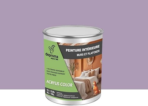 DEPROMA Peinture Acrylique Intérieure 1L - Finition Velours – Haute Opacité – Séchage Rapide – Fabrication Française (Mauve Lavande)