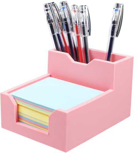 Kamehame Zettelbox mit Stifthalter Silikon Pen Holder Schreibtisch Stifte Halter Organizer Stiftebox Notizzettel Box oder Kartensteckpl?tzen Cube Notiz Box passt 3x3'' Haftnotizen, Rosa