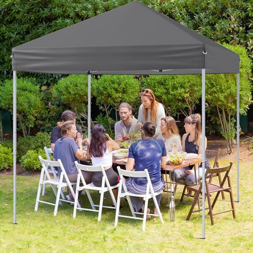 GOPLUS Tonnelle de Jardin Exterieur 2 x 2 M, Tente Pliante Portable avec 8 Piquets de Terre et 4 Cordes à Vent, Sac de Transport, Hauteur Ajustable 3 Positions 220/230/240 CM,Patio (Gris)