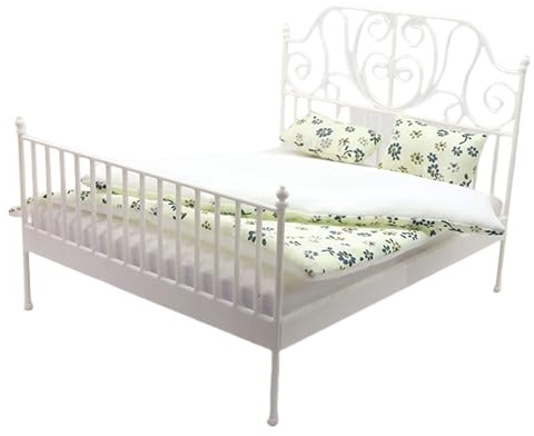 Miniatur-Doppelbett, Eisenbett im Maßstab 1:12, mit abnehmbarer Bettwäsche, Puppenhäuser, Modell-Szene, Requisiten, Bastelprojekt, Dekoration, Sammlerstück, Miniatur-Schlafzimmer-Szene