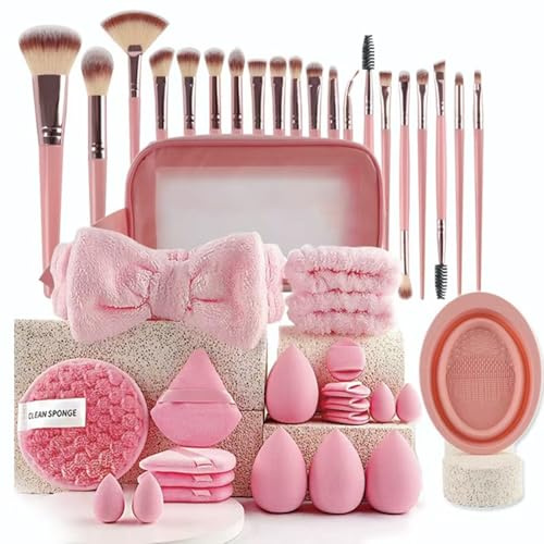 42-Teilig Make up Pinsel Set Mit Tasche, Make up Pinsel Set Hochwertig, Multifunktionales Kosmetikpinsel Für Foundation Lidschatten, Highlights, Konturen, Puder Und Concealer (Rosa)