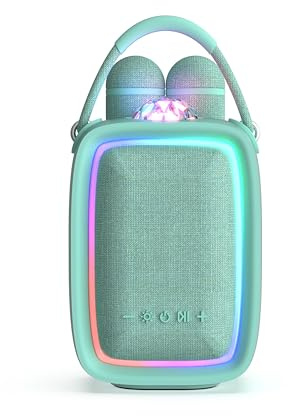 Mob – Singy Party Tragbarer Karaoke-Lautsprecher für Kinder und Erwachsene – Disco-Projektor, 2 kabellose Mikrofone für Duo-Singen, wiederaufladbar, USB-C, SD-Karte – Geschenkidee (Minze)