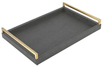 WV 17.8 * 11.8 Grey Shagreen Large Serving Tray with Brushed Gold Handle,Faux Leather Home Decorative Tray, Coffee Table Tray for Living Room, Dinning, Vanity (Grey