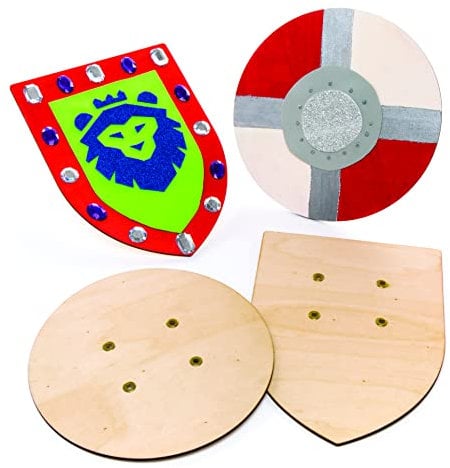 Baker Ross AW654 Holzschild, Schild mit elastischem Griff, perfektes Zubehör für Kinder zum Dekorieren und Tragen mit Ritterkostüm, 2 Stück, Holzfarben, Mittel