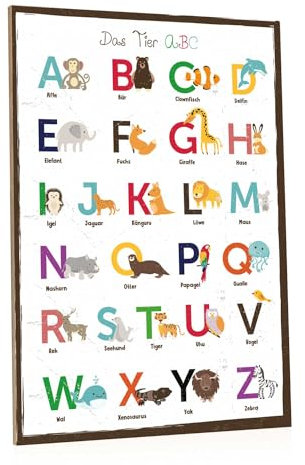 GRAVURZEILE Holzschild mit Spruch - Das Tier ABC - Moderne Kunstdrucke auf Holz - Buchstaben lernen im Kinderzimmer - Geschenk zur Einschulung für Mädchen & Jungen