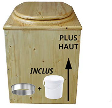 Toilette sèche rehaussée en bois huilé avec seau plastique alimentaire 20 L et bavette de protection inox - Fabrication artisanale Française - N5