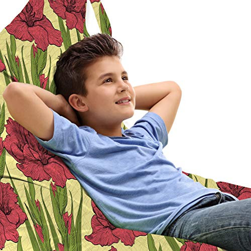 ABAKUHAUS Blume Unicorn Toy Bag Lounger Stuhl, Gladiolen Muster, Hochleistungskuscheltieraufbewahrung mit Griff, Gelbe Koralle und Grün