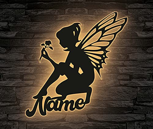 LEON FOLIEN Fee Elfe mit Flügel und Rose Blume LED Deko Schlummerlicht Nachtlicht Mädchen, personalisiert mit Wunsch Namen Lasergravur Abendlicht Kinderzimmer Wohnzimmer Geschenk - in 13 Farben