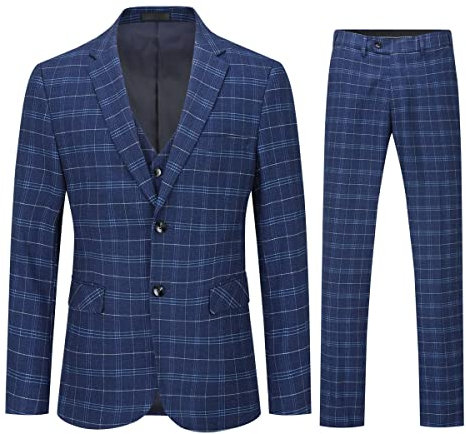 Allthemen Mens Suits 3 Piece Slim Fit Checked Suit / Single Breasted Herringbone Vintage Suit Tuxedo Formal Business Jacket Waistcoat Trouser, , , XL, Navy