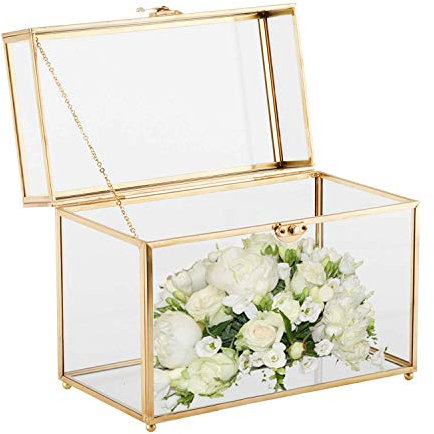 Homtone Golden Vintage Glas Kartenbox Geschenkkarten Box Terrarium für Hochzeitsempfang/Geburtstagsparty/Wunschgut/Andenken(25.5 * 19.5 * 14.5cm)
