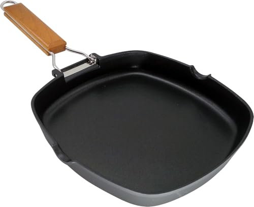 WECOOK! Ecostone Grill Asador Inducción Liso 28 X 28cm, Antiadherente ILAG Ecológico sin PFOA, Aluminio Fundido, 5mm Espesor, Mango Madera Plegable, Apta Todas las Cocinas Vitrocerámica, Gas